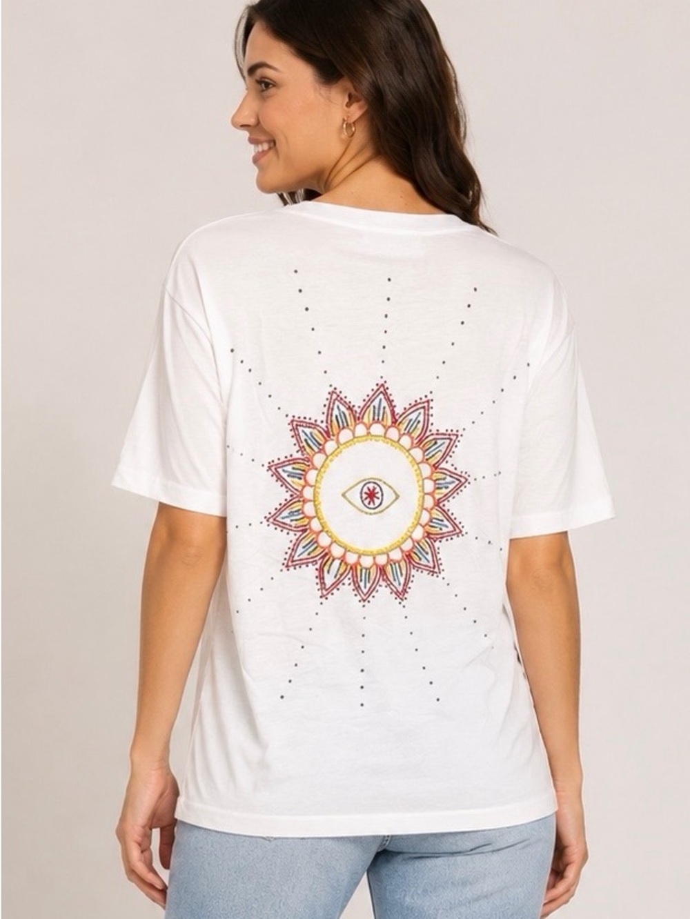 Sandro Paris Mayabay Beaded Sun Back T-Shirt White Size 3 US 8 NWT